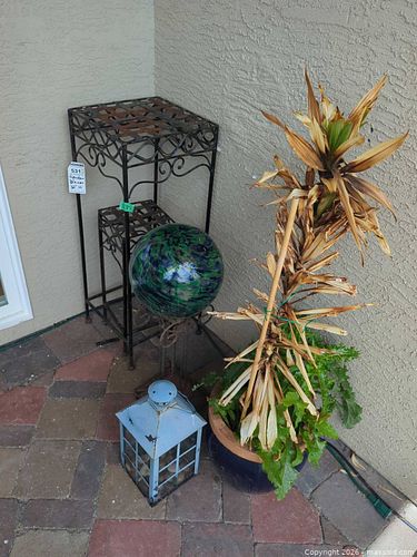 Metal Two-Tier Plant Stand with Glass Gazing Ball, Lantern & Pot (1 of 7)