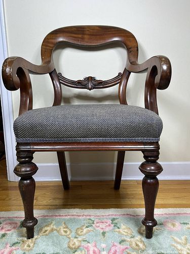 Victorian-Style Wood and Gray Upholstered Armchair (1 of 14)