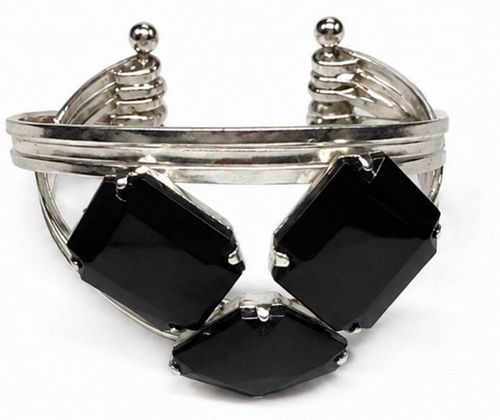 Vintage Silver-Tone Cuff Bracelet with Black Faceted Stones – Bold Statement appro Jewelry (1 of 3)