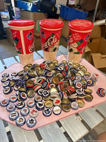 Huge Lot of Coca-Cola NHL Collectible Bottle Caps w/ 3 Souvenir Cups! - (CC) (1 of 8)