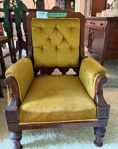 Antique Chartreuse Velvet Tufted Carved Wood Armchair w/ Fringed Pillow (1 of 17)