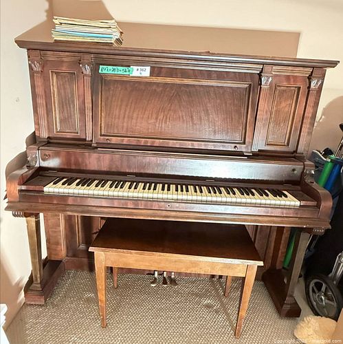 Antique / Vintage Carved Mahogany Upright Piano & Bench (88-Key, 64"L) (1 of 20)