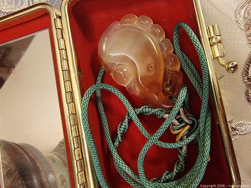 Carved Agate Pendant Necklace, Amber & Cream, Chinese Style (1 of 6)