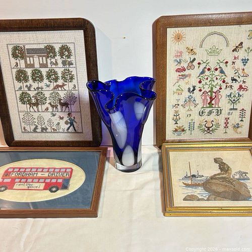 Cobalt Art Glass Vase & Four Framed Needlework Samplers (1 of 9)