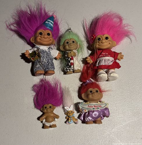 Set of 6 Troll Dolls with Colorful Hair, 2–4 in, Assorted Themes (1 of 5)
