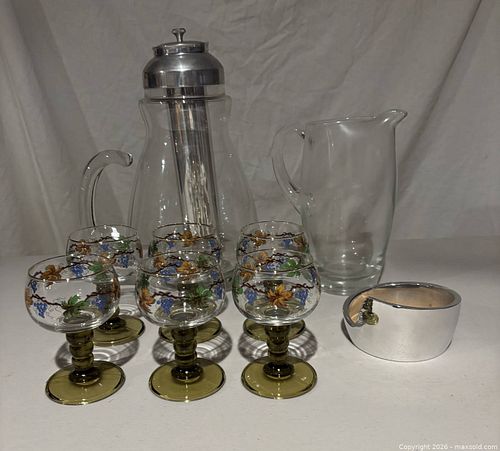 Stemmed Cordial Glasses, Two Glass Pitchers & Nambe Wine Bottle Coaster (1 of 8)