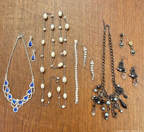 Costume Jewelry Lot: Necklaces, Bracelet & Earrings with Rhinestones (1 of 16)