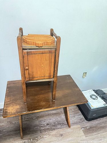 Handmade collapsible Fruit Basket (H. Gerein, 1995), Rustic wooden trestle Side Table; Vintage Smoking Stand  (1 of 19)