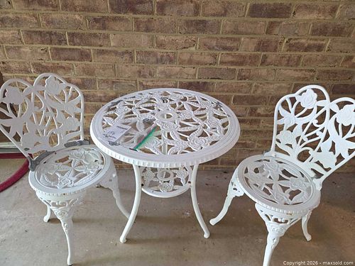 White Antique Distressed Cast Aluminum Bistro Set with Glass (1 of 8)