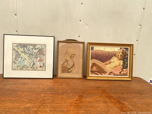 Set of Framed Mixed-Media Mid-Century Artworks (1 of 5)