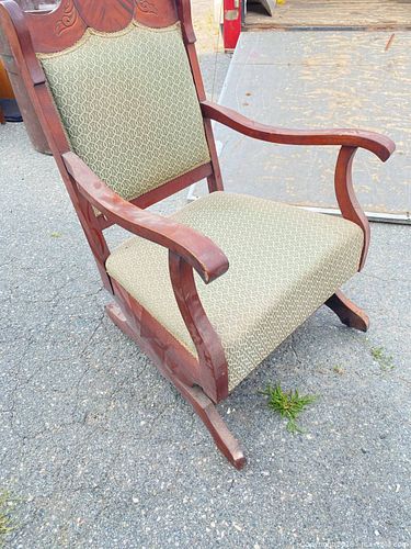 Victorian Style Wood Rocking Chair with Green Geometric Upholstery (1 of 4)
