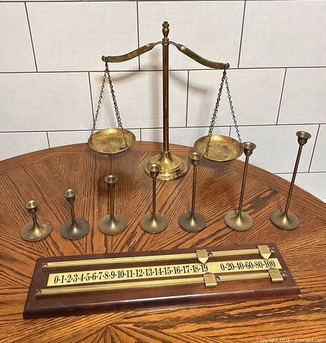 Brass Decorative Balance Scale, 7 Candlestick Holders & Wood Scoreboard (1 of 20)