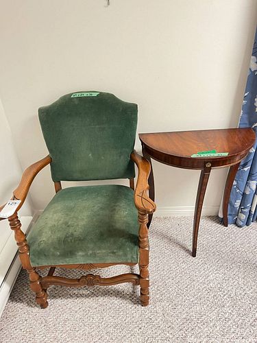 Green Upholstered Armchair and Mahogany Demi-Lune Side Table (1 of 6)