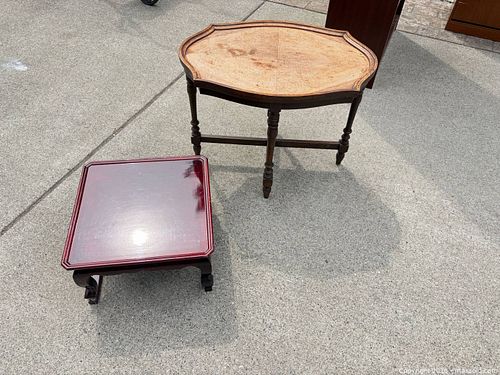 Pair: Solid Wood & Veneer Lacquered Side Table and Low Footstool  (1 of 4)