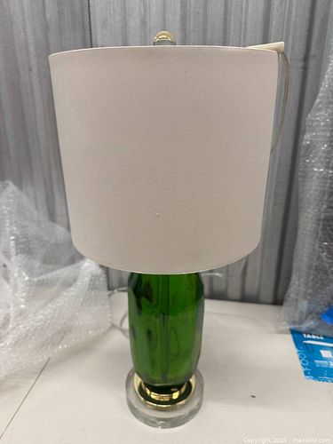 Green Glass Table Lamp with Brass Accents and Drum Shade (1 of 5)