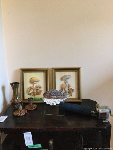 Assorted Decorative Lot: Glass Vases, Framed Mushroom Relief Prints (1 of 6)