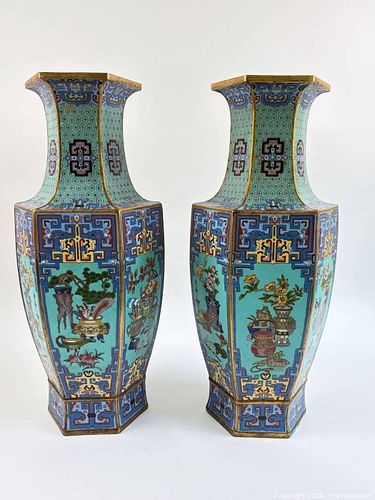 LARGE AND IMPRESSIVE PAIR OF CHINESE CLOISONNE HEXAGONAL BALUSTER VASES (1 of 13)