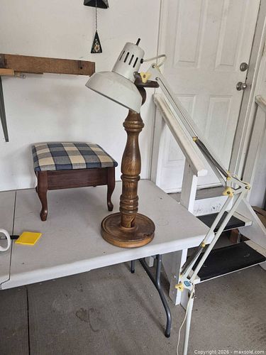Adjustable Swing-Arm Floor Lamp, Wood Pedestal & Upholstered Footstool (1 of 5)