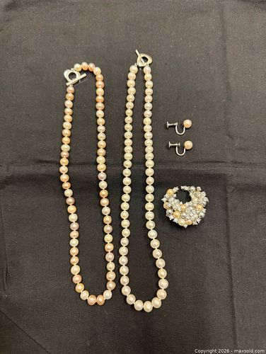 Faux Pearl Jewelry Set — 2 Necklaces, Screw‑Back Earrings, Brooch (1 of 14)