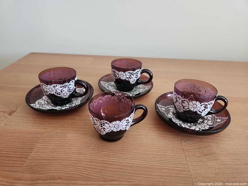 Vintage Purple Glass Tea/Turkish Coffee Cup & Saucer Set, 7 Pieces (1 of 3)