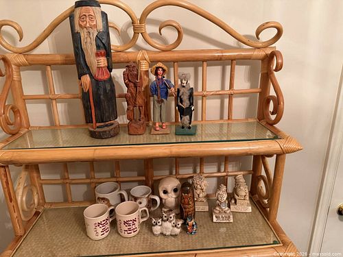 Vintage Decorative Collectibles Assortment Including Carvings, Owl Figurines & Judaica Mugs (1 of 5)