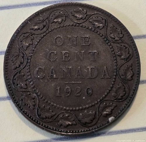 1920 Canada One Cent Coin, Bronze, King George V (1 of 2)