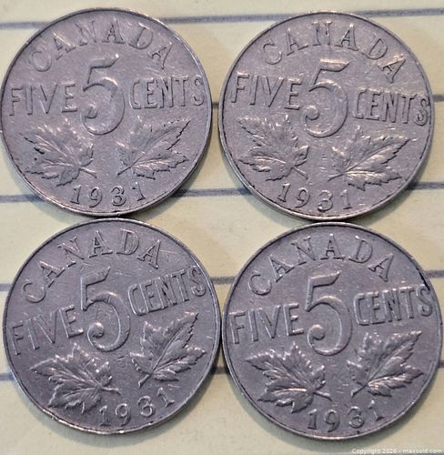 1931 Canada 5 Cent Nickel Coin, King George V — Lot of 4 (1 of 2)