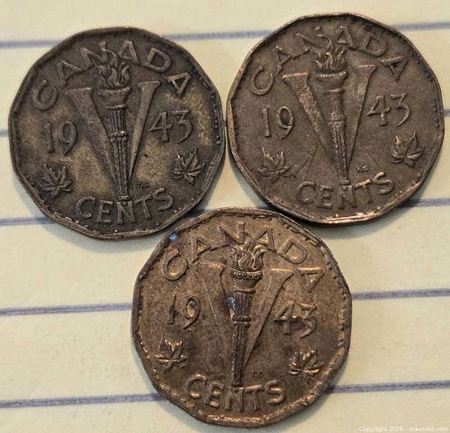 Canada 1943 5 Cent Coin, George VI Victory Reverse (lot of 3) (1 of 2)