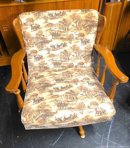 Vintage Spindle-Arm Swivel Rocking Armchair with Toile Upholstery (1 of 13)