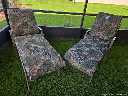 Pair of Aluminum Frame Chaise Lounges with Tropical Cushions (1 of 10)