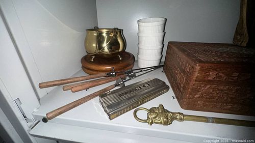 Mixed Lot: Carved Wooden Jewelry Box, Brass Items, Ceramics & Harmonica (1 of 7)
