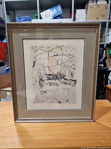 Framed Pen & Ink Artwork by P. Bonnard, Landscape with Figures (1 of 4)
