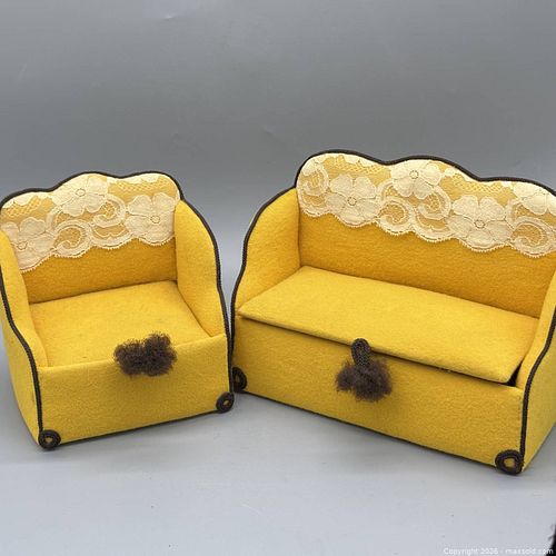Vintage-Style Dollhouse Yellow Felt Sofa, Armchair & 2 Pillows - MCMA-02 (1 of 6)