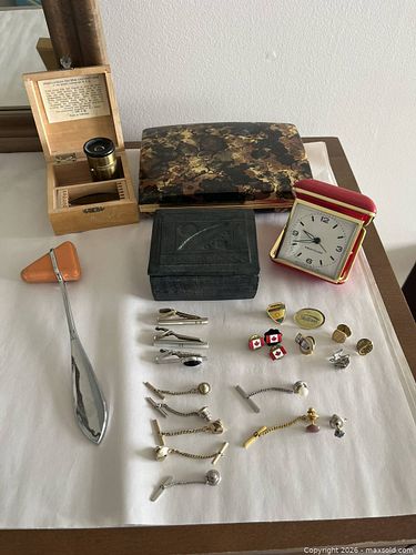Vintage Brass Pocket Microscope, Westclox Travel Clock, Tie Clips & Pins (1 of 24)