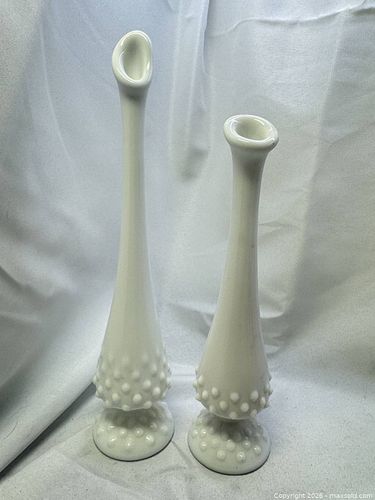 Fenton Milk Glass Hobnail Bud Vases, Set of 2 (1 of 5)