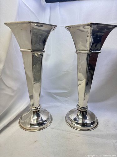 Pair of Silver-Plate Trumpet Vases with Hexagonal Tops (1 of 8)