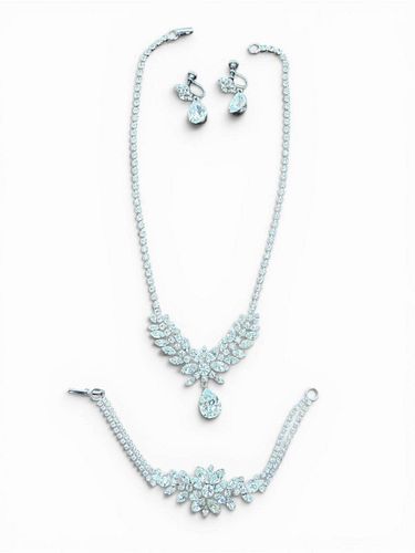 Jay Flex Sterling Silver Rhinestone Jewellery Set - Necklace, Bracelet and Earrings - 40.8g (1 of 6)