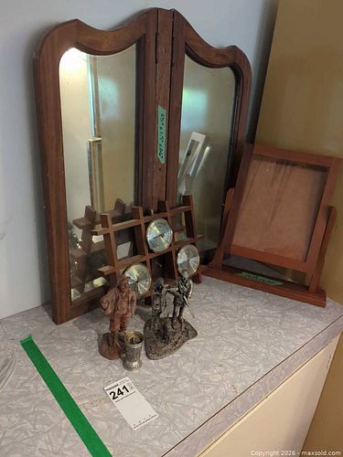 Framed Wooden Mirror with Weather Gauge and Small Metal Figurines (1 of 12)