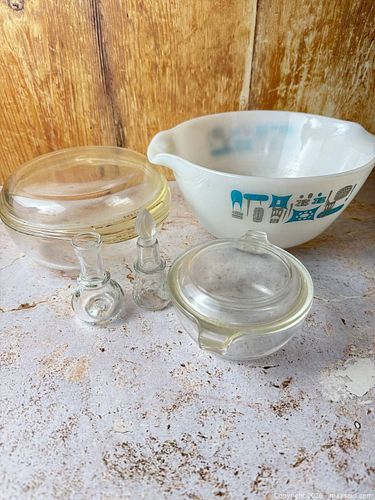 Pyrex Milk Glass Bowl with Turquoise Mid-Century Pattern & 2 Pyrex covered bowls, 2 cruets (1 of 11)