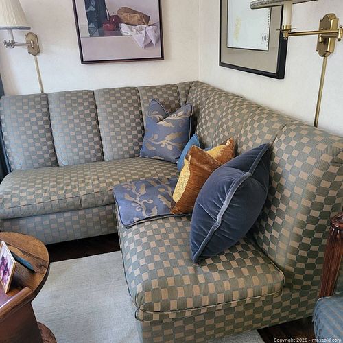 4 Piece Baker Furniture Banquette Set - 2-piece Banquette Bench Seat + (2) Slipper Armless Accent Chairs with Checker Fabric, Wood Legs (1 of 9)