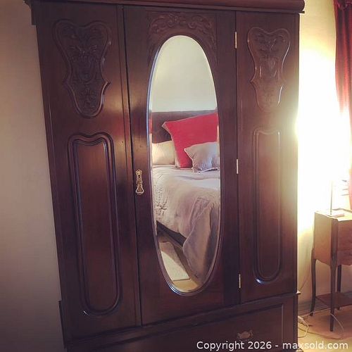 Antique French Provincial Solid Wood Armoire with Oval Mirror (1 of 11)