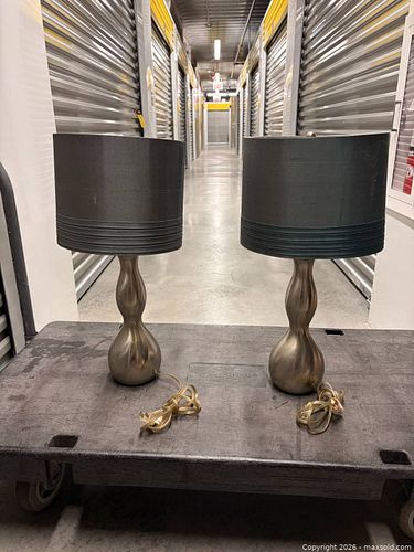 Pair of Metal Table Lamps with Teal Fabric Shades (1 of 5)