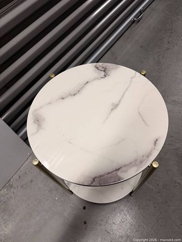 Round 2-Tier Accent Side Table with Faux White Marble Top (1 of 3)