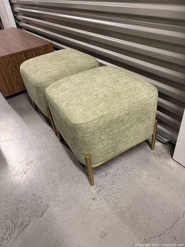 Set of 2 Modern Green Upholstered Ottomans with Metal Bases (1 of 4)