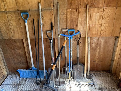 Garden tools lot with shovels, rakes, pitchfork, wheelbarrow wheel (1 of 6)