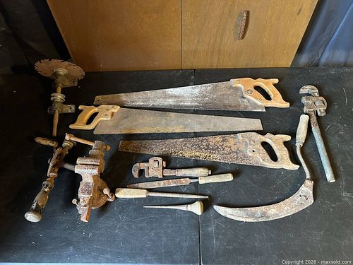 Vintage Hand Tool Lot – Disston Saws, Bench Vise, Hand Drill, Wrenches & More (1 of 13)