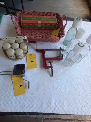 Vintage Kitchen Lot: Spice Tins, Apple Peeler, Embossed Bottles (1 of 6)