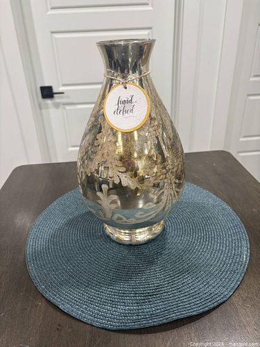 Silver Mercury Glass Vase with Hand-Etched Floral Motif (1 of 3)