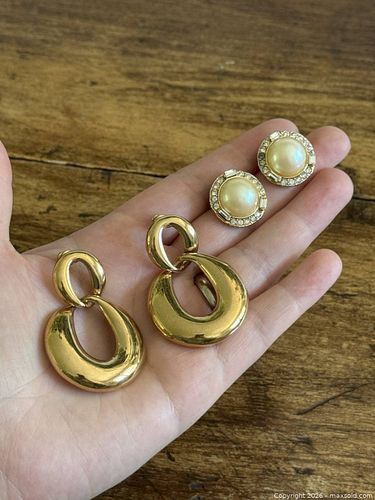 Nina Ricci Gold-Tone Crystal and Faux Pearl Rhinestone Studs with Gold Tone Drop Rings - For Pierced Ears  (1 of 5)
