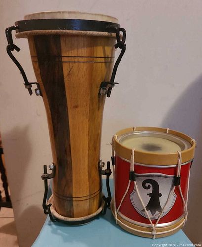 Pair of Drums: Wooden Djembe and Red Tin Toy Drum (1 of 6)